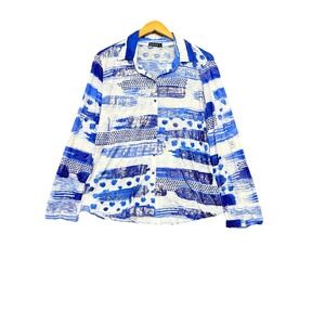 David Cline Button Front Metallic Abstract Print Top Blue Women's Size XL Artsy